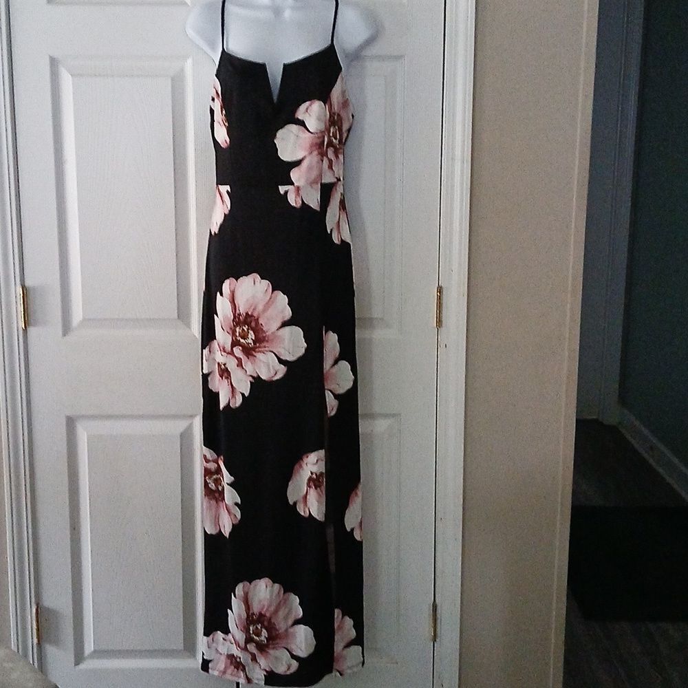 Blashe black floral print maxi spaghetti dress high slit on one side Sz L NWT